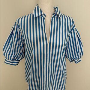 AYR Blue and White Vertical Stripe Puff Sleeve Blouse